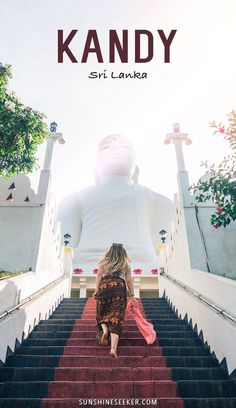 a woman walking up some stairs towards a giant buddha statue with the words kandy written on it