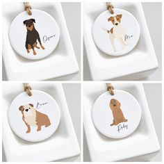 four coasters with dogs on them sitting on a tray together, one is brown and the other is black