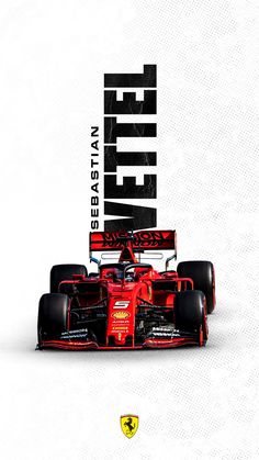 a red race car on a white background with the words ferrari written in large letters