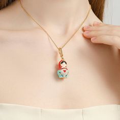 Selenichast Matryoshka Locket Necklace, Enamel Necklace, Birthday Gift for Her, 18K Gold Necklace, Mother's Day Gift for Her Yellow Gold Pendant Necklace As Souvenir, Keepsake Pendant Necklace, Doll Necklace, Doll Design, Peach Earrings, Mori Kei, 18k Gold Necklace, Matryoshka Doll, Cat Ring