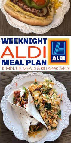 two plates with different types of food on them and the words, weekend aid meal plan 15 minute meals & kid approved