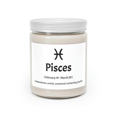 a jar of pisces candles on a white background with the words pisces written