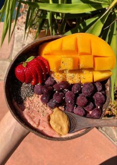 a bowl filled with fruit and nuts on top of a wooden table next to a plant