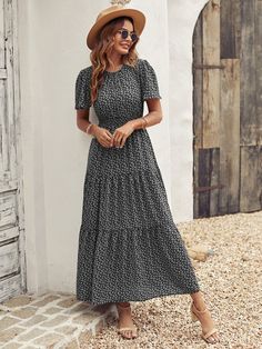 Ditsy Floral Print Shirred Waist Ruffle Hem Dress | EMERY ROSE Modest Fall Dresses For Church, Modest Sewn Dresses, Cute Modest Dresses For Teens Casual, Cheap Feminine Maxi Dress For Daywear, Cheap Long Midi Dress For Spring, Affordable Stretch Dresses With Feminine Style, Cheap Modest Midi Dress, Cheap Modest Midi Dress For Women, Affordable Rayon Day Dresses