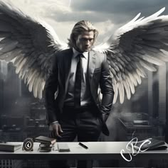 a man in a suit and tie with angel wings on his back standing at a desk