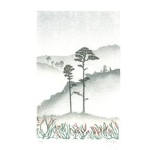 an ink drawing of trees and mountains in the foggy misty sky, with red flowers on the foreground