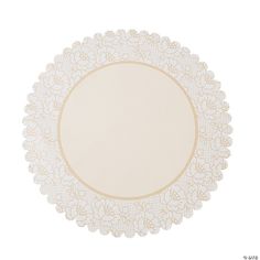 a white doily plate with gold trim