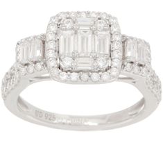 Diamonique Sterling Round & Baguette HaloCluster Ring — QVC.com Baguette Halo, Diamonique Rings, Pretty Rings, Classic Ring, Ring Size Guide, Ring Sterling Silver, Cluster Ring, Real Diamonds, Cocktail Rings