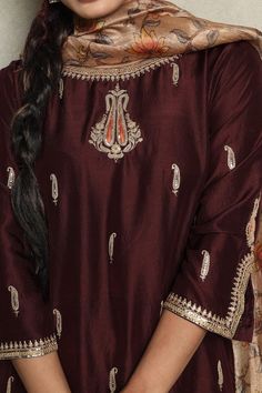 Buy Falguni.Foram Brown Embroidered Kurta And Pant Set Online | Aza Fashions Earthy Fashion, Heavy Suits, Long Kurti Patterns, Black Blouse Designs, Silk Kurti Designs, Winter Suits, Silk Pant, Embroidered Motifs