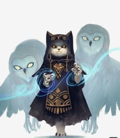 an owl with two owls on its back and one cat in the background holding a light saber