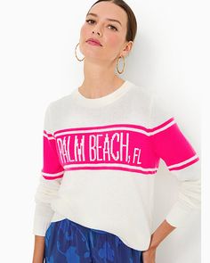 Straight fit, crewneck, pullover sweater with novelty stripes and wording. 24" in length (based on a size small/4). Fits against body at chest and hip with more room at the waist.  Cozy Cotton Blend (47% Acrylic, 43% Cotton, 10% Polyester, exclusive of decoration). Hand wash cold, separately, or dry clean. Imported. Cozy up to the bold style of our Kelsa Sweater. Trendy Crew Neck Sweater With Contrast Stripes, White Crew Neck Sweater With Contrast Stripes, Knit Crew Neck Sweater With Contrast Stripes, Knit Sweater With Contrast Stripes Crew Neck, Beach Sweater, Color Season, Spring Color, Palm Beach Fl, Jumpsuit Shorts Rompers