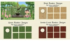 four different types of bamboo fences with pictures on the front and back sides, including one showing