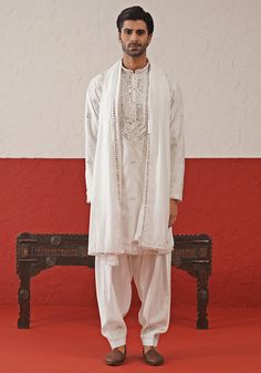 White Mirror Work Kurta Set With Dupatta Kalpraag - Fabilicious Fashion Kurta With Dhoti Pants For Men, Mirror Work Kurta For Men, Indian Wedding Outfits Guest, Dhoti Pants For Men, Mirror Work Kurta, Kurta Set With Dupatta, Mens Wear Wedding, Kurta For Men, Dress Men