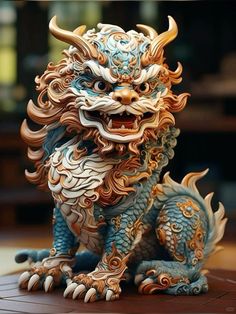 a blue and gold dragon statue sitting on top of a table