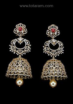 18 karat gold '4 in 1' detachable diamond jhumkas - diamond dangle earrings with color stones & culture pearls
  this product has inter changeable stones in the earrings
  width of the jhumka : 1.30 inches 


experience luxury and elegance with our 18 karat gold '4 in 1' detachable diamond jhumkas from totaram jewelers. these exquisite diamond dangle earrings are meticulously crafted in india, showcasing the finest craftsmanship and attention to detail.    f Traditional Luxury Danglers In Cubic Zirconia, Luxury Traditional American Diamond Jhumkas, Luxury American Diamond Jhumkas For Formal Occasions, Luxury Cutdana Chandbali Earrings, Luxury 22k Gold Cutdana Earrings, Luxury Chandbali Diamond Earrings For Wedding, Luxury Temple Jewelry Bridal Earrings With American Diamond, Luxury Jeweled Chandbalis For Celebration, Luxury Temple Jewelry Earrings For Celebration