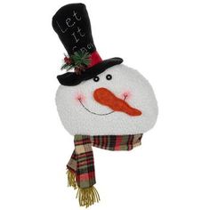 a snowman ornament with a hat and scarf on it's head