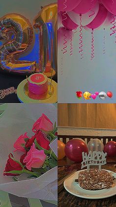 four different pictures with balloons, cake and flowers on them are shown in this collage