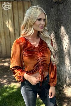 Texas Twist Rustic Top I Gussied Up Online – gussied up online Cute Cowgirl Boots, Orange Velvet, Make Waves, Orange Top, Glitz And Glam, Front Tie Top, Velvet Tops, Plus Dresses, Live In The Now