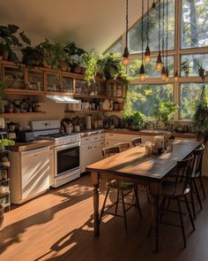 a kitchen filled with lots of plants next to a stove top oven