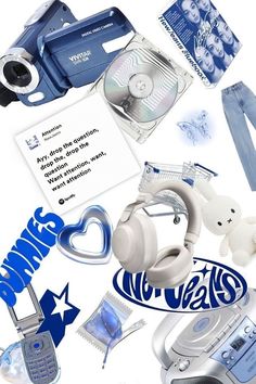 an assortment of electronics including headphones, mp3 player and other items are shown in this collage