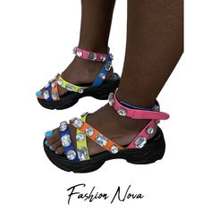 Fashion Nova Obsessed Rhinestone Sandals Size 8 Multicolor Neon Large Rhinestones Nib Casual Rhinestone Sandals With Round Toe, Casual Rhinestone Round Toe Sandals, Casual Sandals With Rhinestones And Round Toe, Bedazzled Round Toe Summer Heels, Summer Sandals With Bling And Round Toe, Trendy High Heel Sandals With Rhinestones, Bedazzled Round Toe Heels For Summer, Summer Bedazzled Heels With Round Toe, Pink Flat Sandals With Rhinestones