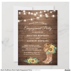 an engagement party with cowboy boots, sunflowers and string lights on the wooden background