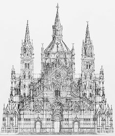 a black and white drawing of a cathedral