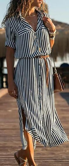 Striped Shawl, Vestido Casual, 가을 패션, Comfortable Dress, Shawl Collar, Belted Dress, Half Sleeve, Half Sleeves