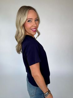 Style meets comfort with our Jules top! Stay cool and on-trend with this classic short sleeve design. Perfect for any casual occasion, this lightweight top will add a touch of fun to your wardrobe. We love it paired with light or dark denim, it's also a great layering piece. The classic navy tone is a closet staple you'll wear year round. Don't miss out on this must-have piece! True to size. Randee is wearing her normal size small. 100% Cotton Black Short Sleeve Shirt For Loungewear, Casual Black Short Sleeve Shirt, Relaxed Fit Short Sleeve Graphic Tee, Black Short Sleeve Top For Everyday, Trendy Short Sleeve T-shirt For Loungewear, Trendy Short Sleeve Everyday Shirt, Trendy Short Sleeve Shirt For Everyday, Short Sleeve Shirt For Loungewear, Trendy Short Sleeve Loungewear Shirt