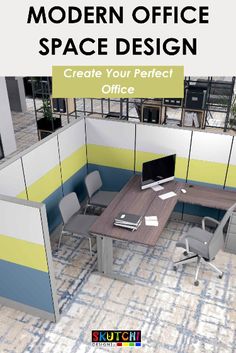 an office cubicle with desks and chairs in it, the text reads modern office space design create your perfect office