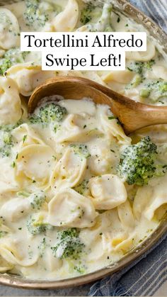 a skillet filled with tortelli alfredo and broccoli