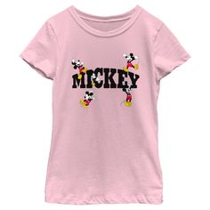 Who knew that dressing "mousey" could be so cute!? Celebrate Walt Disney's most iconic character with this officially licensed Disney Mickey Mouse and Friends Character Name Girls' Graphic T-Shirt! This fun tee features "Mickey" written in black lettering across the front with graphics of the friendly little mousey jumping, celebrating, and hanging around. Add this vintage Disney tee to your collection for the perfect style for your next trip to Disneyland! Disney Minnie Mouse Pink T-shirt, Disney Pink Minnie Mouse T-shirt, Pink Minnie Mouse T-shirt For Disney Fan Events, Minnie Mouse Short Sleeve T-shirt For Disney Trips, Disney Minnie Mouse Short Sleeve T-shirt, Pink Cotton Mickey Mouse T-shirt, Pink Mickey Mouse Cotton T-shirt, Pink Disney T-shirt With Letter Print For Fan Events, Pink Minnie Mouse Crew Neck T-shirt