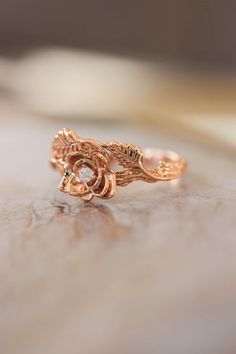 Nature wedding bands set: wide ring for him, rose flower ring for her | Eden Garden Jewelry™ Nature Wedding Band, Rose Flower Ring, Textured Wedding Band, Eden Garden, Flower Diamond Ring, Nature Engagement Ring, Ring Matching, Floral Engagement Ring, Wedding Band Designs