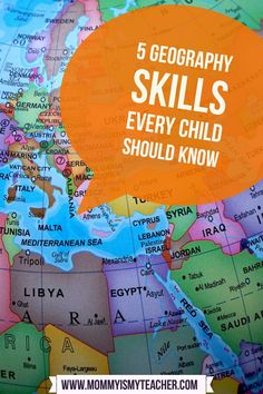 a globe with the words 5 geography skills every child should know on it and an orange speech bubble