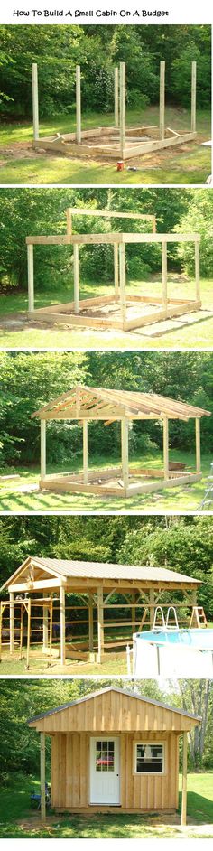 several pictures of different types of wooden structures in the woods, with text overlaying them