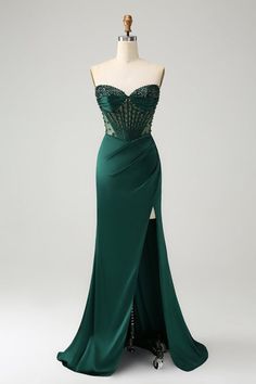 Zapaka Kvinnor Rosa En linje Maxi Balklänning Med Spets Blommig Formell Klänning Med Polka Dots – ZAPAKA SE Red Wedding Guest Dresses, Long Ball Dresses, Dark Green Prom Dress, Beaded Corset, Green Corset, Lovely Partner, Sparkly Prom Dresses, Green Prom, Strapless Prom Dresses