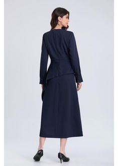 The Navy Elegance Midi Dress stands out with its structured peplum detail and clean lines. This solid navy piece is a minimalist design that exudes elegance and versatility for any occasion. It extends 49.5 inches from the high point of the shoulder, offering a flattering midi length. A detached self-belt ensures a perfect fit, while detailed cuffs add a touch of class. Fully lined, except for the sleeves, this dress promises comfort and style. Please refer to our body measurements guide for you Dress Stands, Skirt Outfits Fall, Fall Skirts, Tops Fall, Fall Shopping, Xl Dress, Fall Dresses, Skirt Top, Dresses Xs