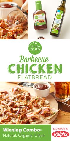 an advertisement for barbecue chicken flatbread pizza with sauces and condiments on the side