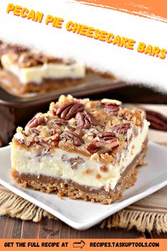 pecan pie cheesecake bars on a white plate