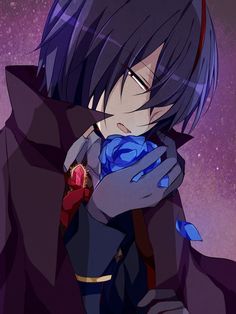 an anime character holding a blue rose in his hands