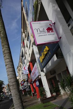 a palm tree in front of a multi - story building with signs on the side