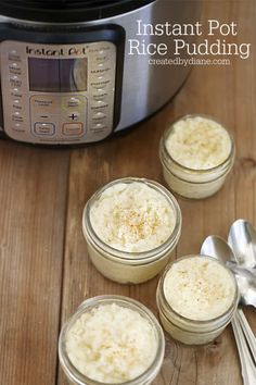 instant pot rice pudding in jars with spoons next to an instant pot pressure cooker