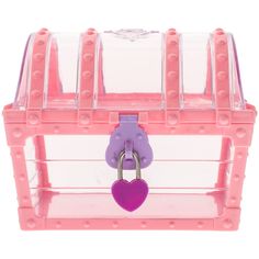 a pink plastic box with a purple heart on the lid and two padlocks attached to it