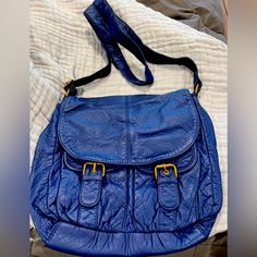 Royal Blue Vegan Leather Messenger Bag. Blue Shoulder Bag With Fold Over Clasp, Blue Soft Leather Satchel For Daily Use, Trendy Blue Travel Satchel, Trendy Blue Leather Shoulder Bag, Blue Crossbody Satchel With Adjustable Strap, Blue Soft Leather Shoulder Bag For Travel, Blue Soft Leather Satchel For Travel, Trendy Blue Crossbody Satchel, Blue Crossbody Satchel For Everyday Use