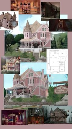 the pink house is surrounded by many different pictures