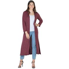 Step into effortless elegance with the 24seven Comfort Apparel Womens Long Duster Open Front Knit Cardigan. This chic and versatile cardigan is a wardrobe essential for the modern woman. Crafted with care, the soft and comfortable material ensures a cozy and luxurious feel, making it perfect for all day wear. Its mild calf length adds a touch of sophistication to any outfit, while the slits on the sides provide ease of movement and a flattering silhouette. Available in four stunning color option Long Cardigan Sweater, Long Duster, Duster Cardigan, Long Sweaters Cardigan, Long Sleeve Jersey, Long Cardigan, Modern Woman, Cardigans For Women, Everyday Look