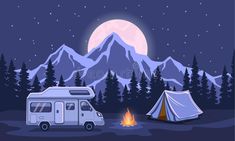 a camper van parked in front of a tent at night with the moon setting behind it