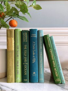 four books are lined up next to an orange on a shelf in front of a potted plant