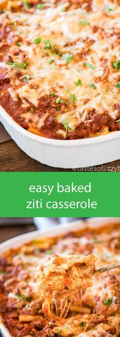 a close up of a cheesy baked ziti casserole