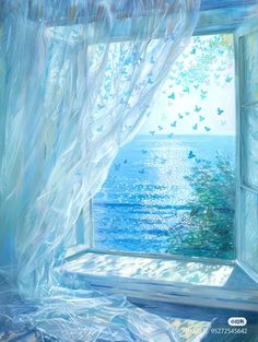 an image of a window with curtains and birds flying in the sky over water that looks out to sea